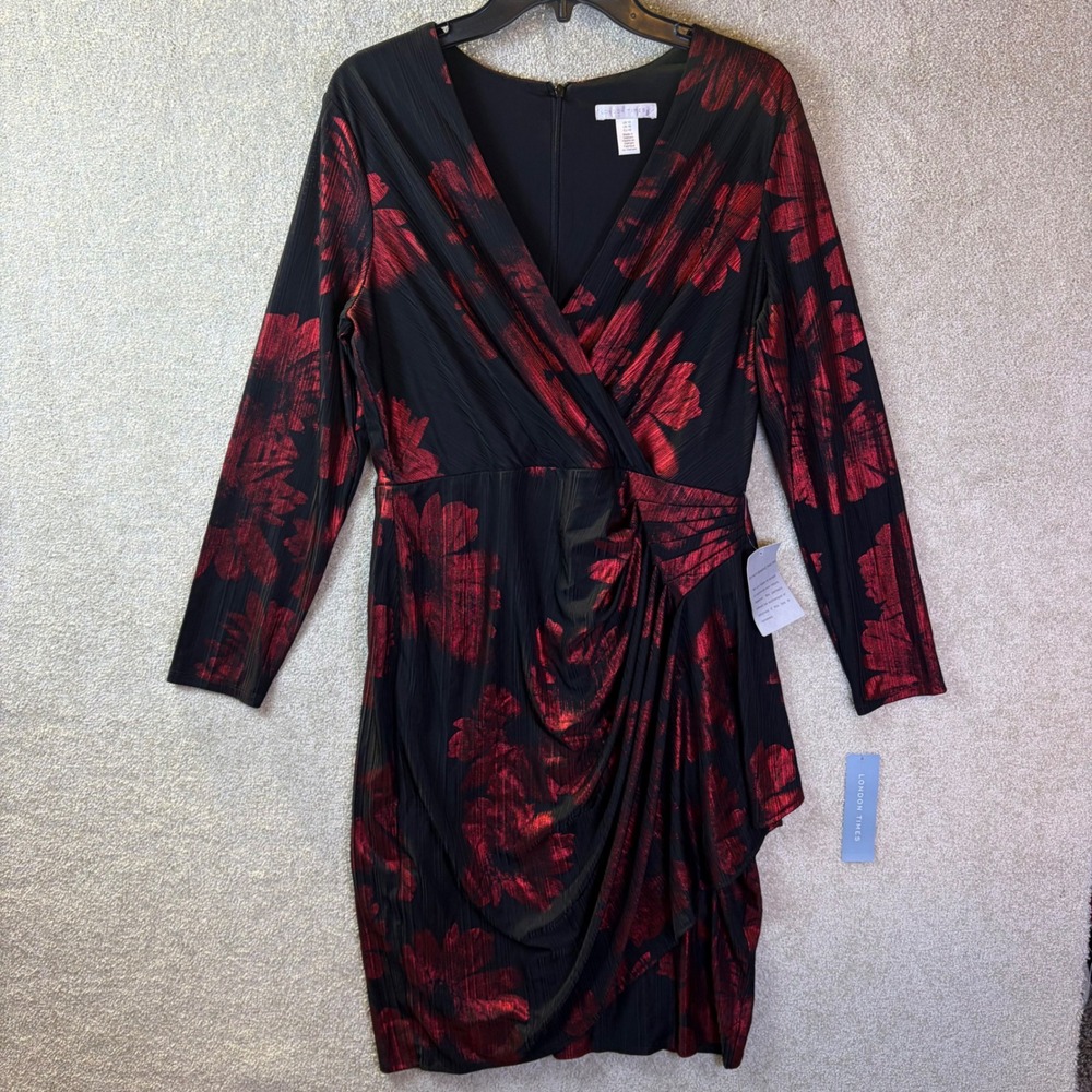 London Times Dress Womens 12 Black Red Floral Metallic Ruched V-Neck Faux Wrap